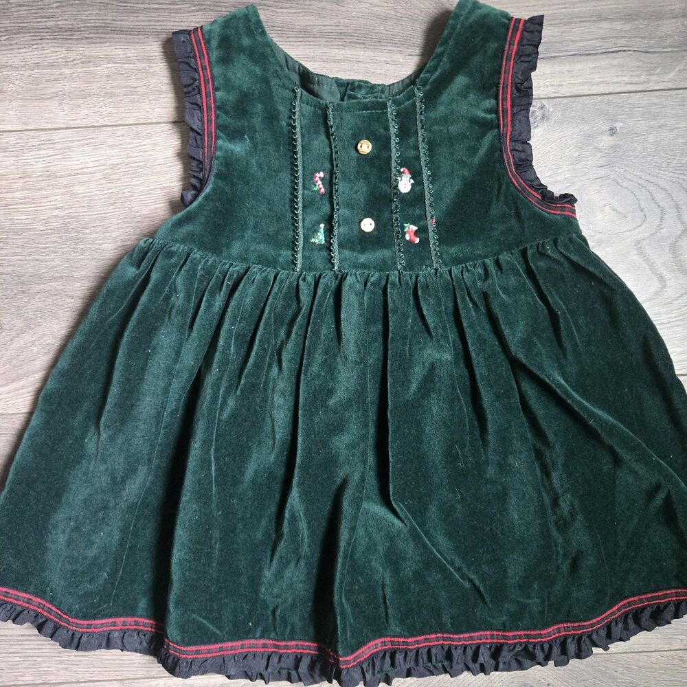 Vtg Y2K 24M Green Velvet Christmas Dress Embroidered Holiday Pinafore Jumper